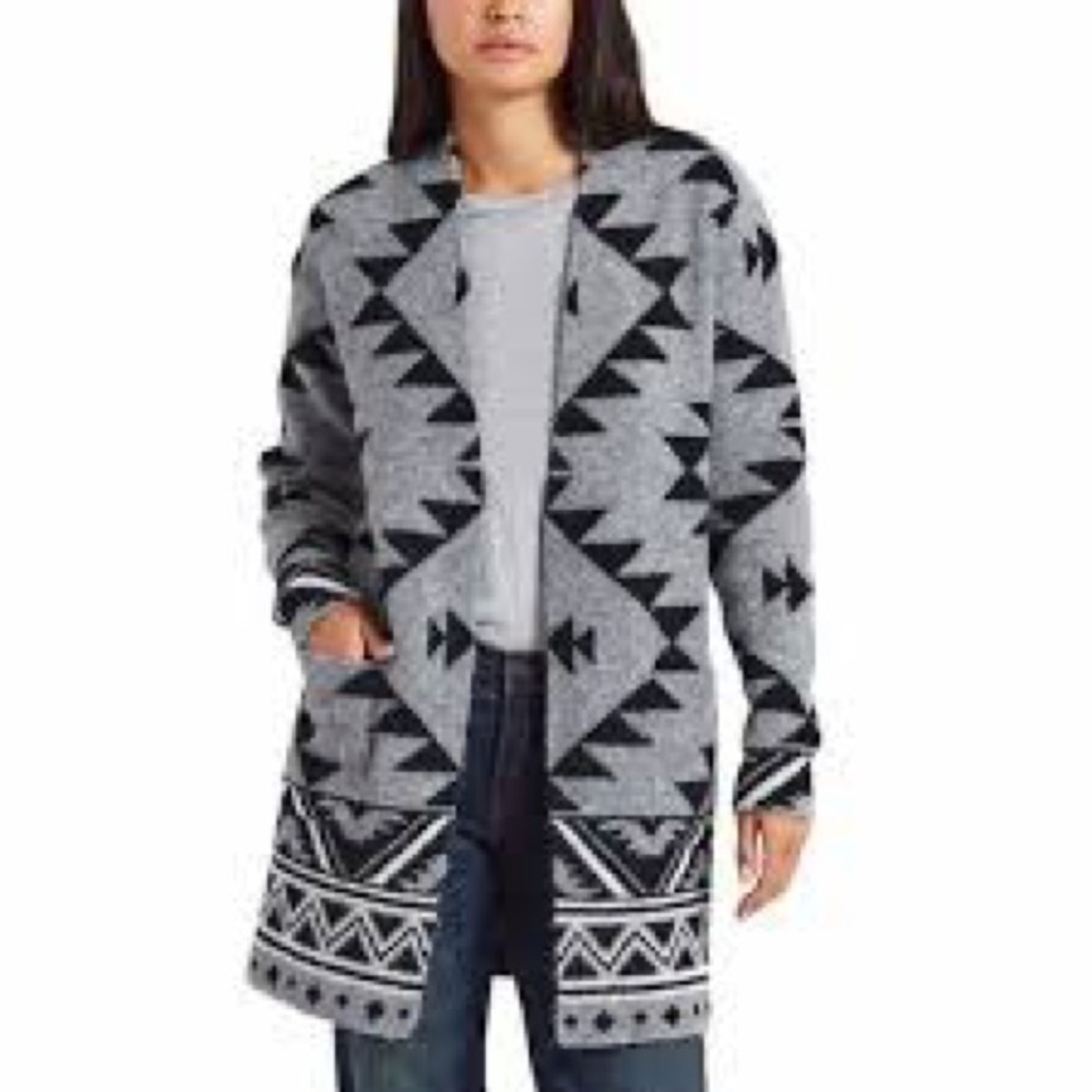 Frye Long Sleeve Geometric Tribal Pattern Gray Open Front Cardigan Sweater Sz. M